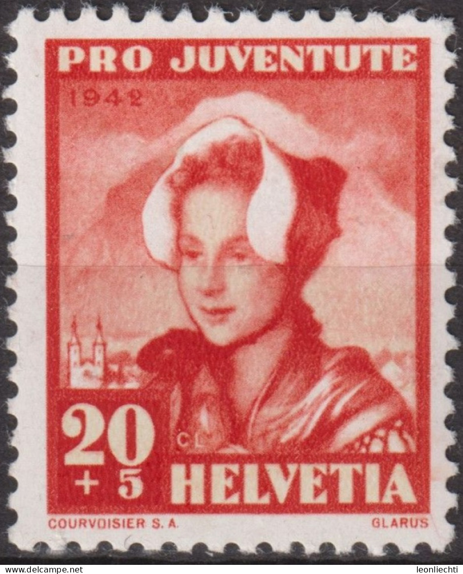 1942 Schweiz Pro Juventute ** Mi:CH 414 Yt:CH 382, Zum:CH J103, Glarnerin, Trachtenfrau - Unused Stamps