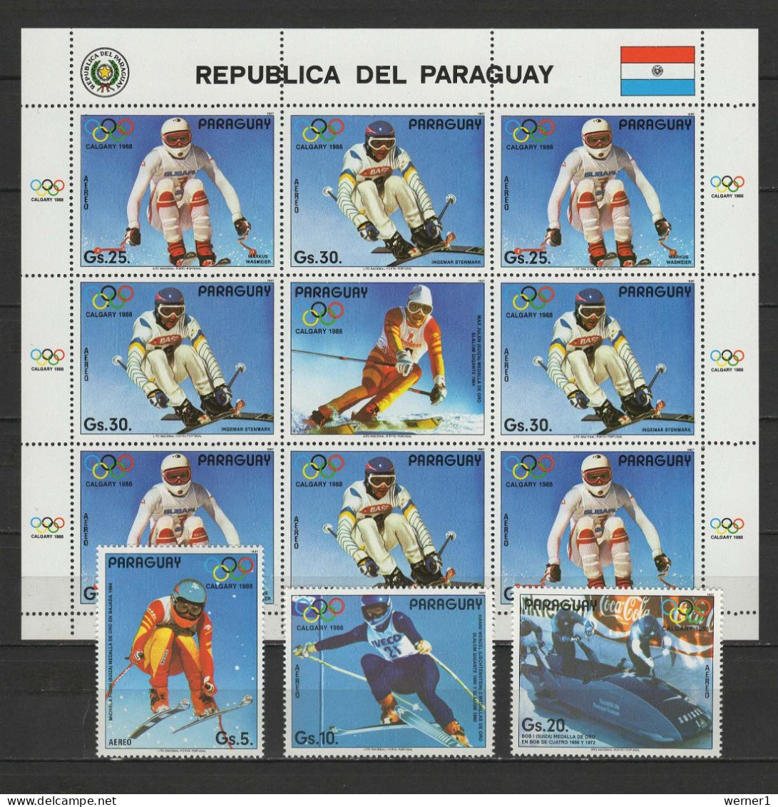 Paraguay 1987 Olympic Games Calgary Sheetlet + 3 Stamps MNH - Winter 1988: Calgary