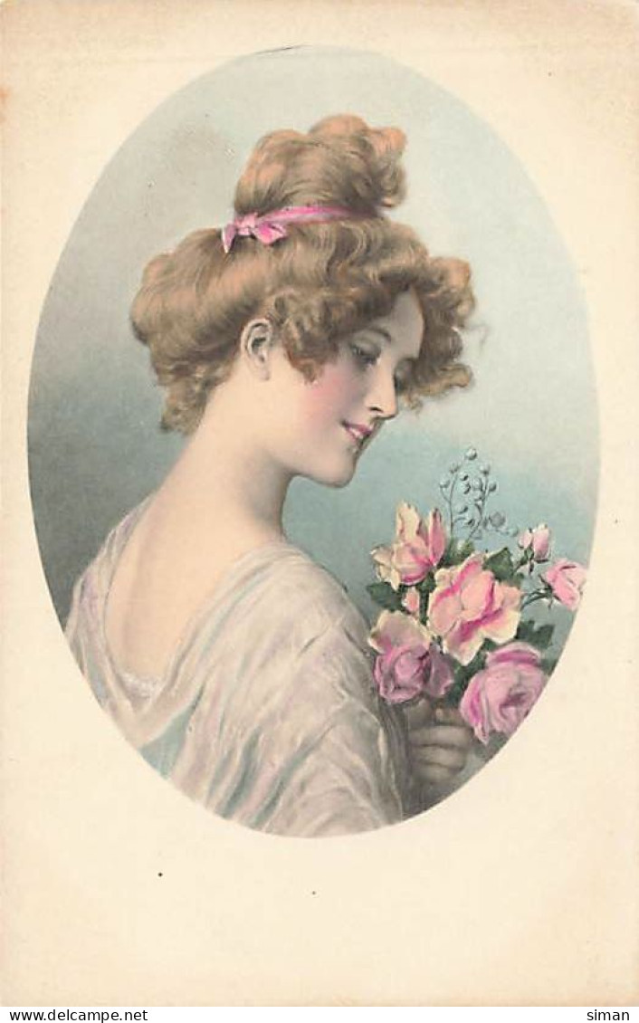 N°24913 - Carte Fantaisie - MM Vienne N°718 - Femme Dans Un Médaillon Avec Un Bouquet De Roses - Donne