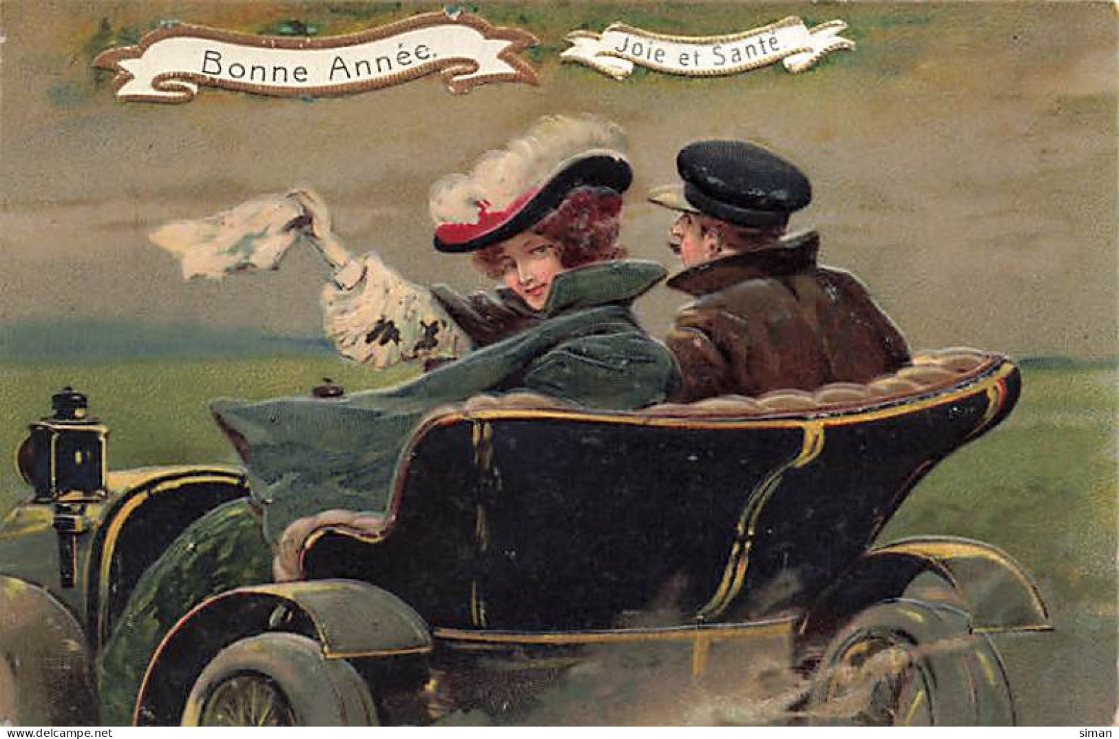 N°24927 - Carte Fantaisie - Bonne Année - Couple Dans Une Automobile De Dos - Nouvel An