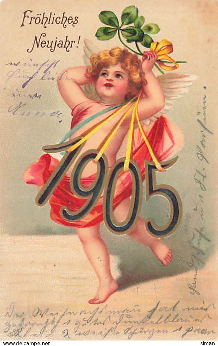 N°24930 - Carte Fantaisie - Fröhliche Neujahr - Clapsaddle - Anges Tenant L'année 1905 - Nouvel An