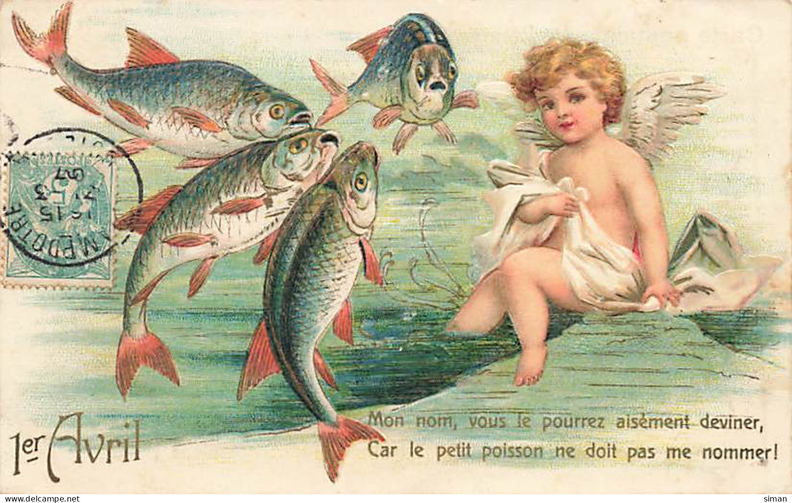 N°24931 - Carte Fantaisie Gaufrée - 1er Avril - Clapsaddle - Ange Et Poisson - 1° Aprile (pesce Di Aprile)