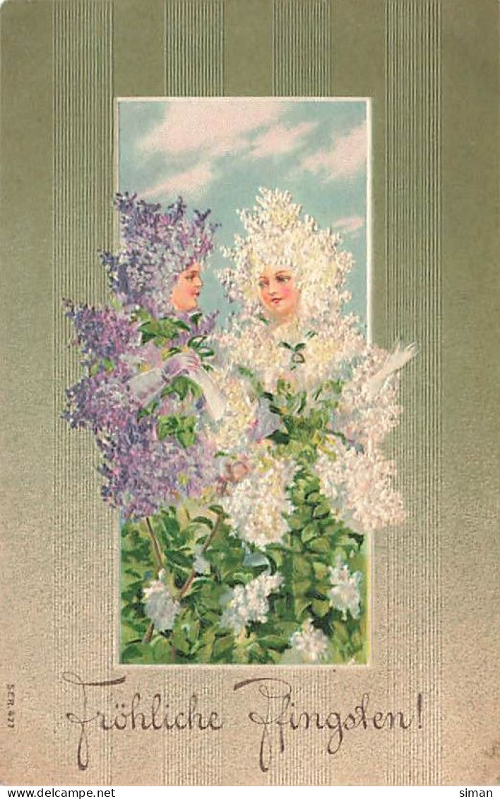 N°24932 - Carte Fantaisie Gaufrée - Fröhliche Pfingsten - Enfants Habillés De Lilas - Pentecost