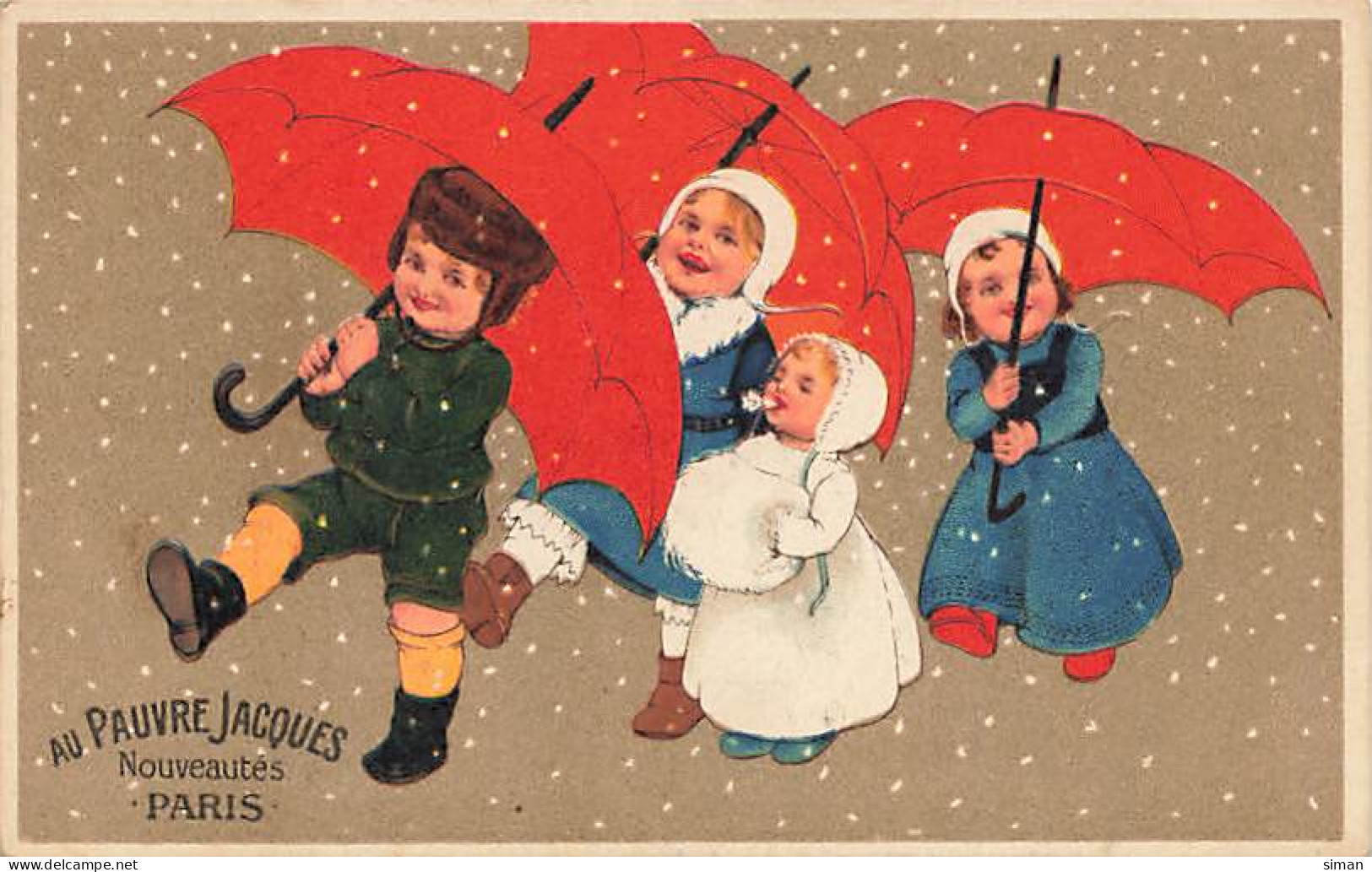 N°24939 - Carte Fantaisie - Flatscher - Enfants Avec Des Parapluies Rouges Sous La Neige - Au Pauvre Jacques Paris - Otros & Sin Clasificación