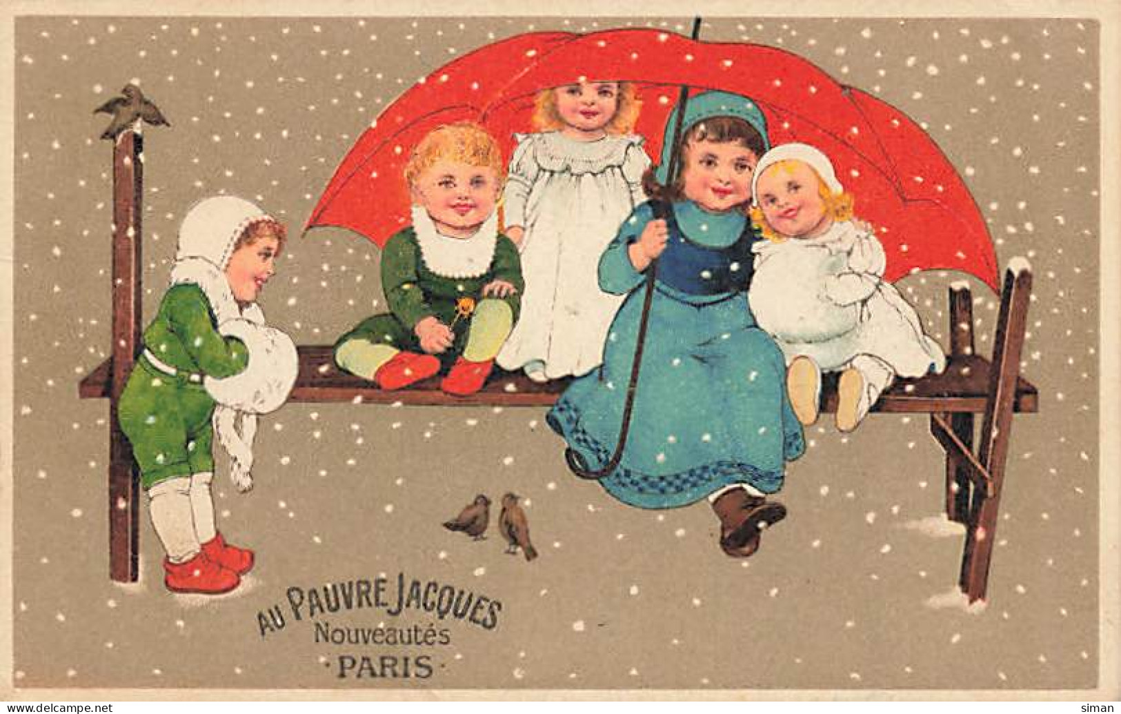 N°24940 - Carte Fantaisie - Flatscher - Enfants Sous Un Parapluie Rouge Sous La Neige - Au Pauvre Jacques Paris - Otros & Sin Clasificación