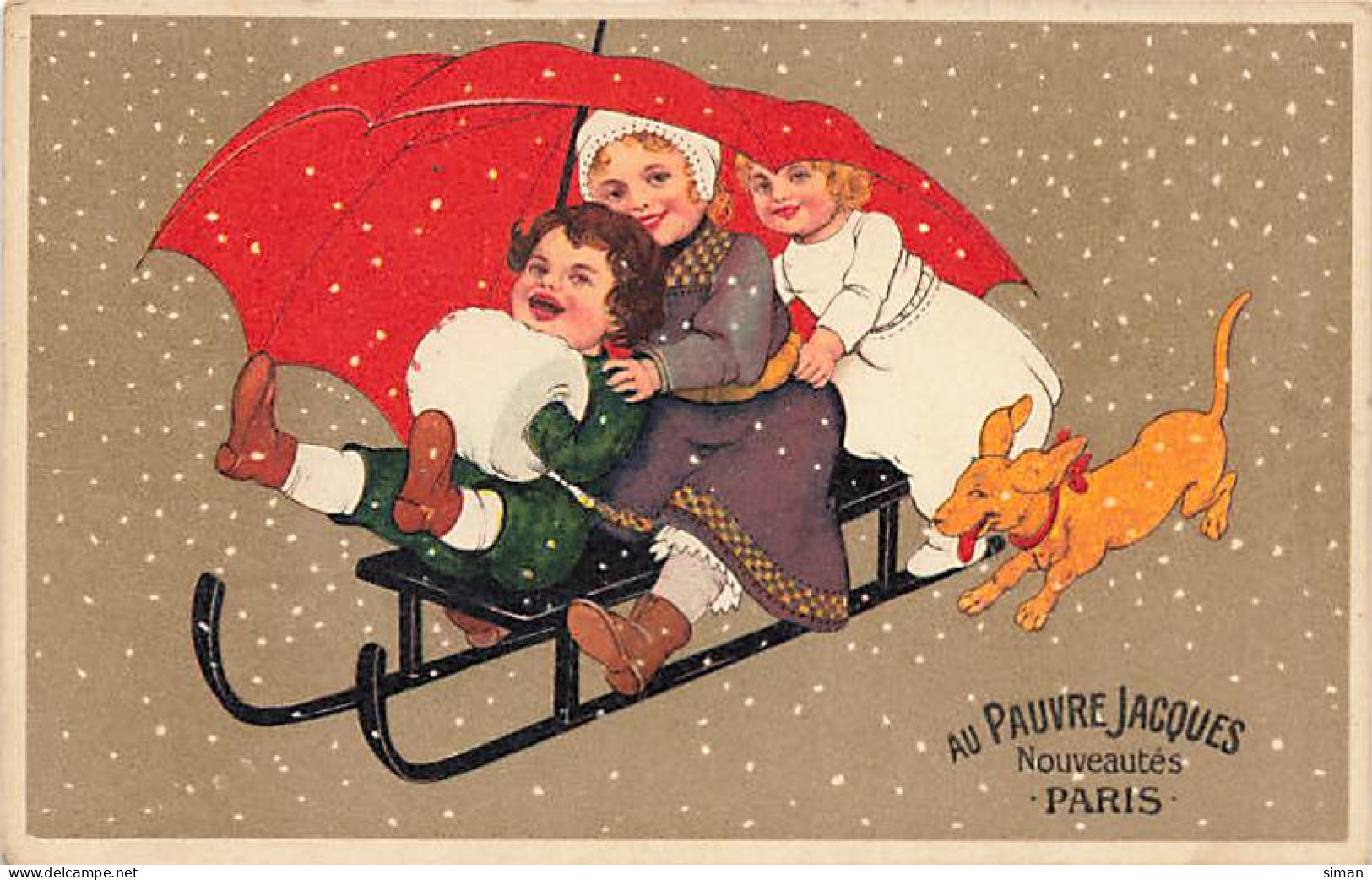 N°24941 - Carte Fantaisie - Flatscher - Enfants Sous Un Parapluie Rouge Sous La Neige - Luge - Au Pauvre Jacques Paris - Sonstige & Ohne Zuordnung