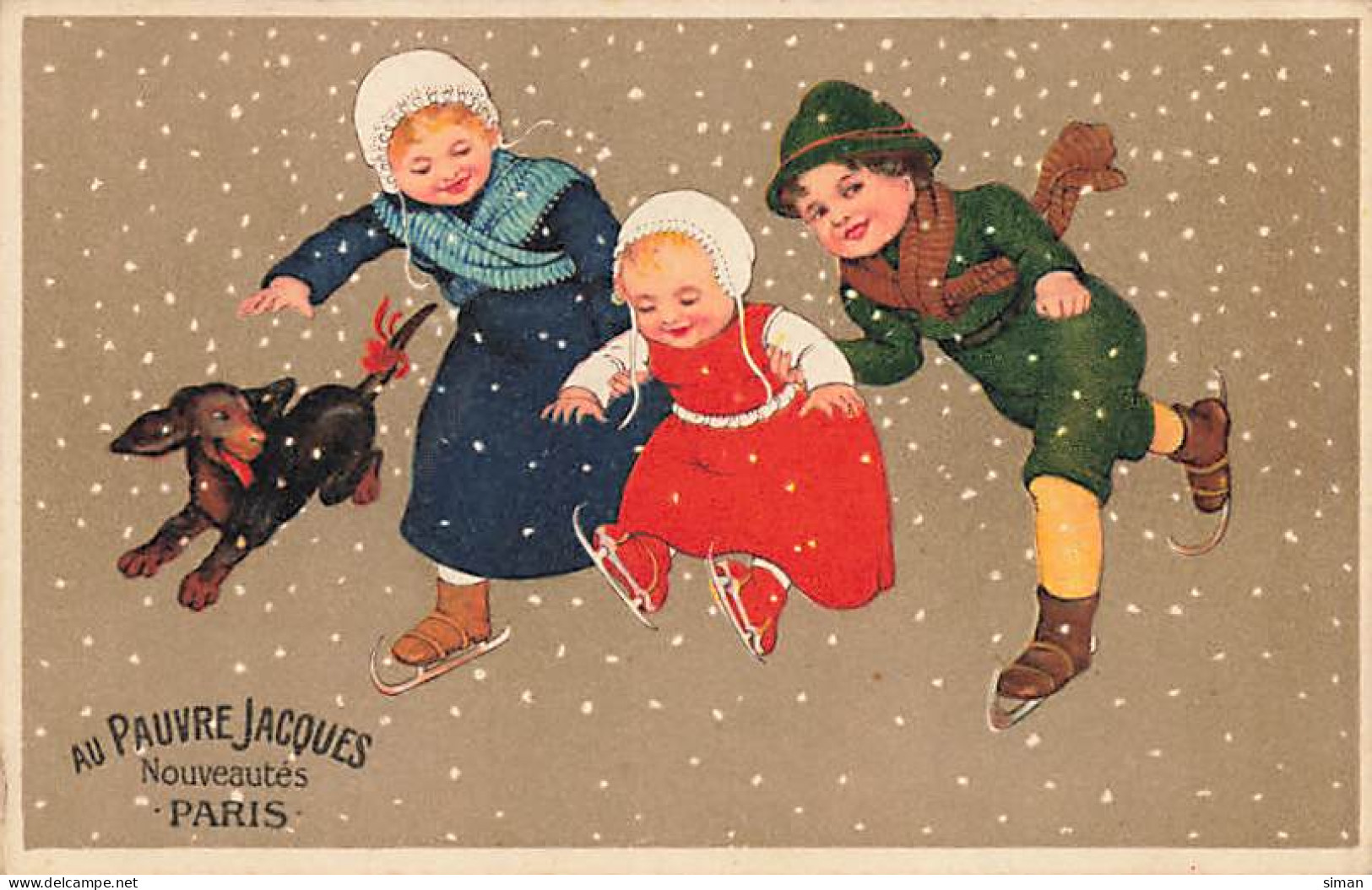 N°24942 - Carte Fantaisie - Flatscher - Enfants Faisant Du Patin à Glace Sous La Neige - Teckel- Au Pauvre Jacques Paris - Otros & Sin Clasificación