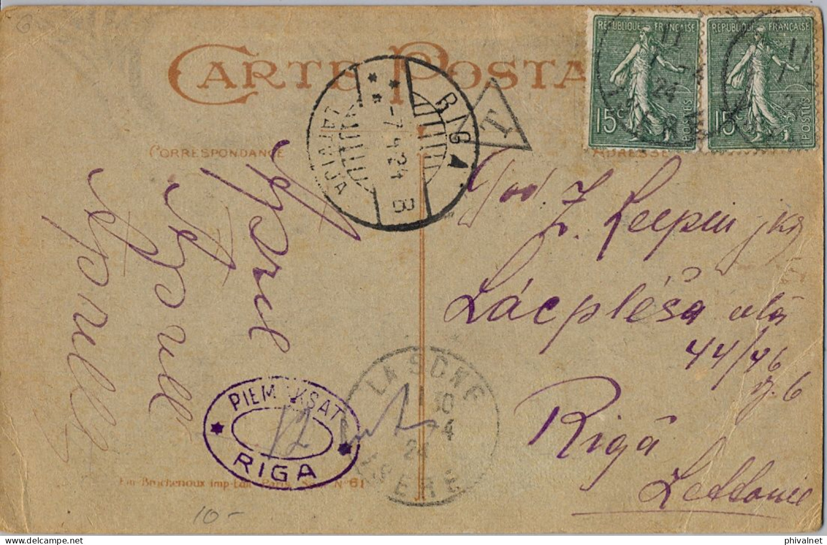 1924 LA SÔNE / ISÉRE - RIGA ( LETONIA ) , T.P. CIRCULADA , LLEGADA , TASA , TAX , TAXE , PIEMAKSAT - Covers & Documents