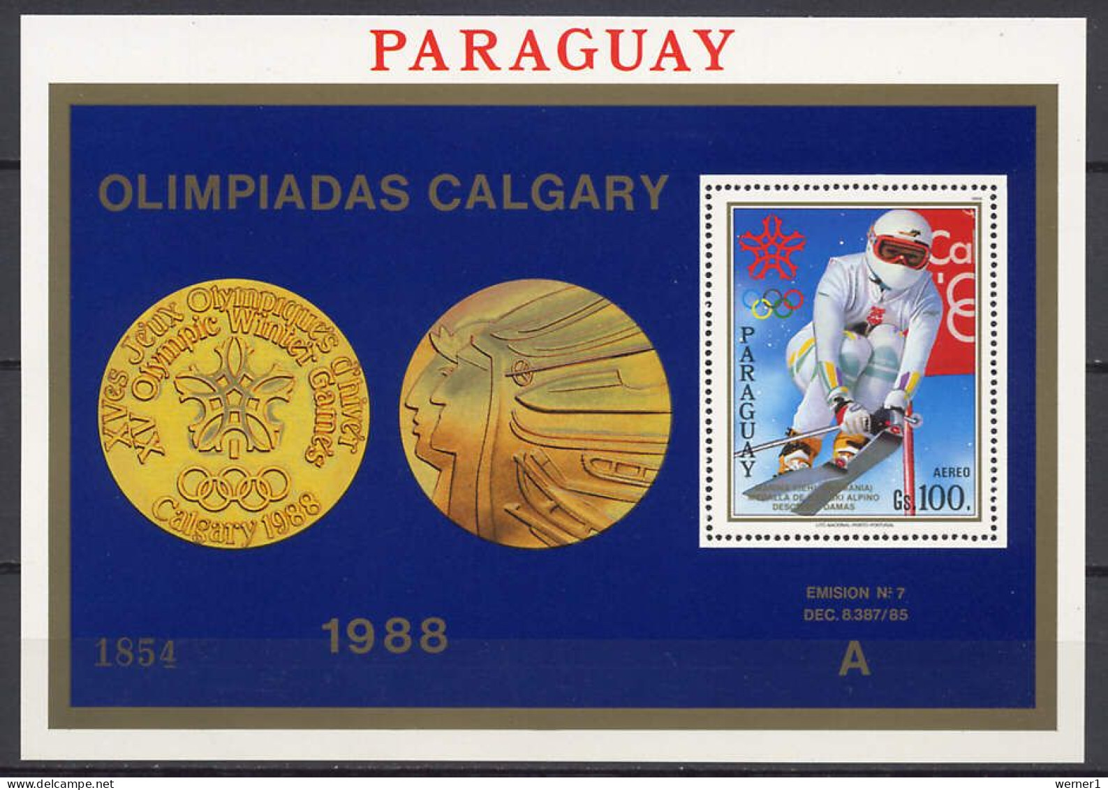 Paraguay 1988 Olympic Games Calgary S/s With "A" Number MNH - Hiver 1988: Calgary