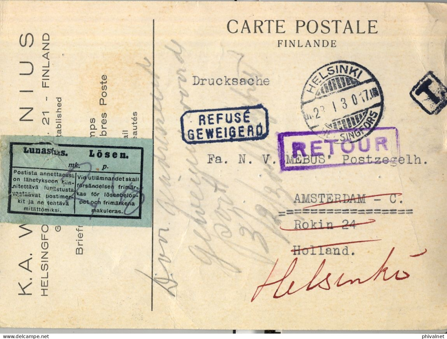 1930 HELSINKI - AMSTERDAM , T.P. CIRCULADA , TASA , TAX , TAXE , DEVUELTO AL REMITENTE , " REFUSÉ / GEWEIGERÓ "  ,RETOUR - Briefe U. Dokumente