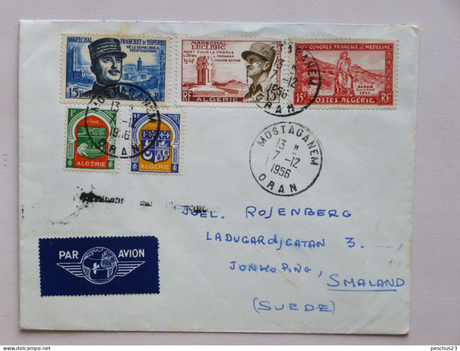 ALGÉRIE > SUÈDE, Lettre 1956 - Par Avion - MOSTAGENEM / ORAN 7.12.1956 Pour SMALAND - Affr.: Mixte - Covers & Documents