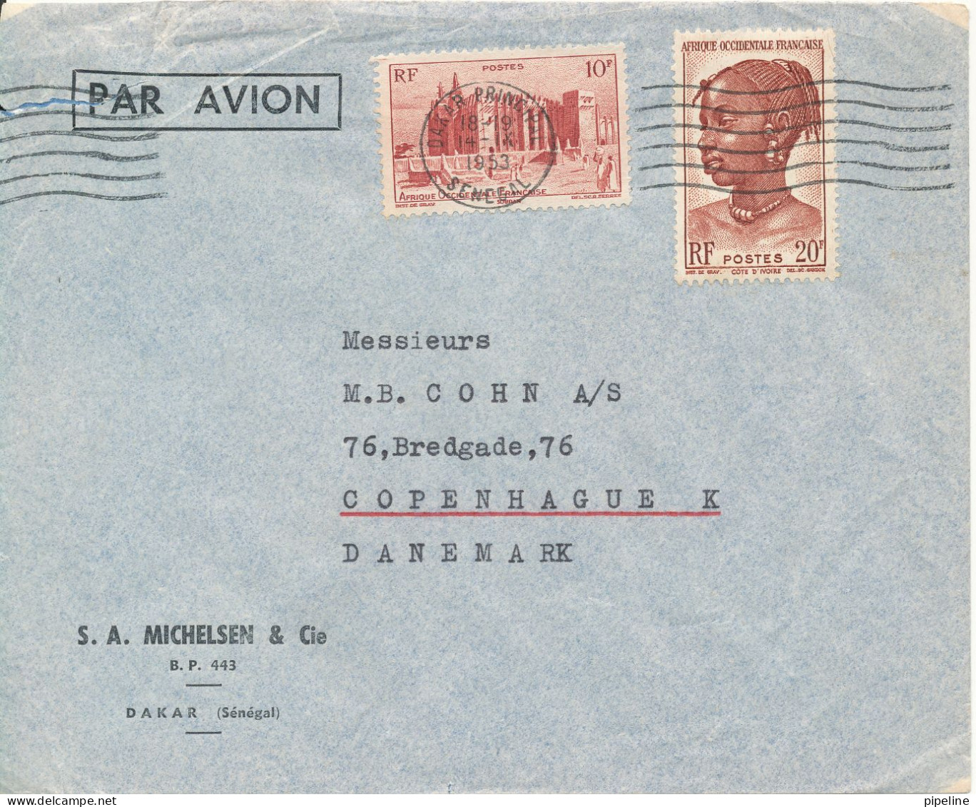 A.O.F. Air Mail Cover Sent To Denmark 14-9-1953 The Cover Is Damaged In Upper Left Corner - Briefe U. Dokumente