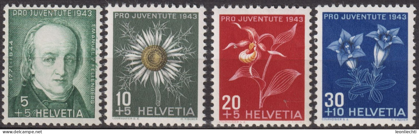 1943 Schweiz Pro Juventute ** Mi:CH 424-427 Yt:CH 388-391, Zum:CH J105-J108, E. Von Ellenberg U. Alpenblumen - Unused Stamps