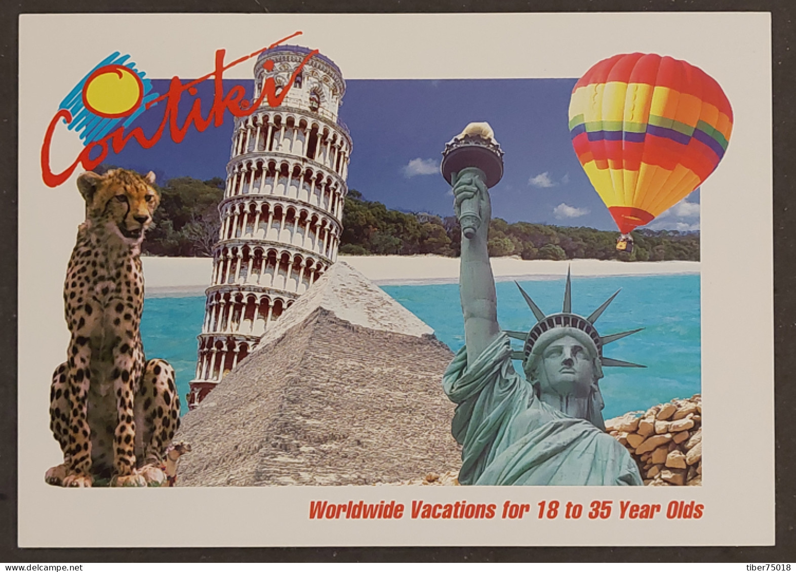 Carte Postale (Tower Records) Contiki (Worldwide Vacations) Tour De Pise, Pyramide D'Egypte, Statue De La Liberté,... - Werbepostkarten