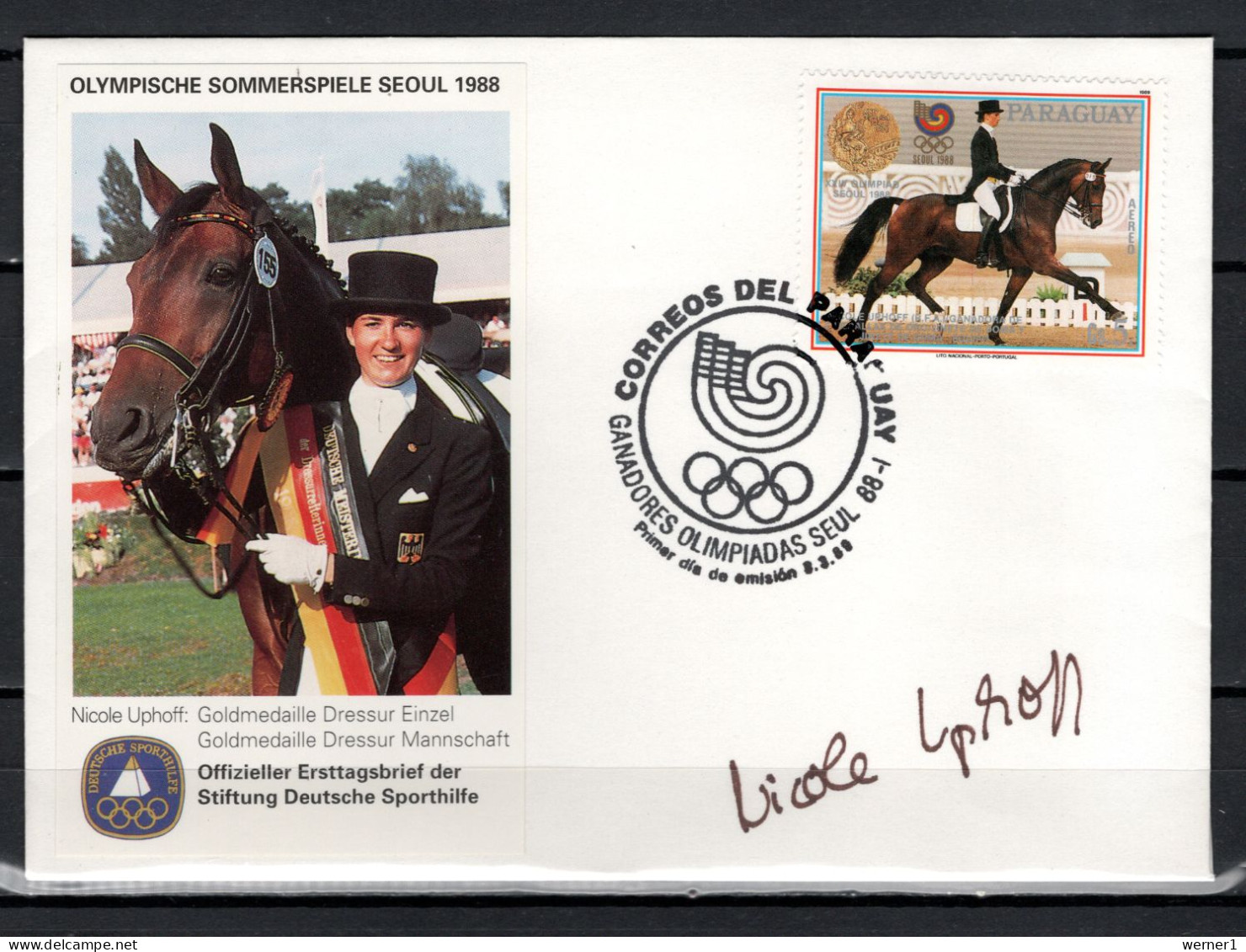 Paraguay 1988 Olympic Games Seoul, Equestrian Commemorative Autograph Cover With Signature Of Nicole Uphoff - Ete 1988: Séoul