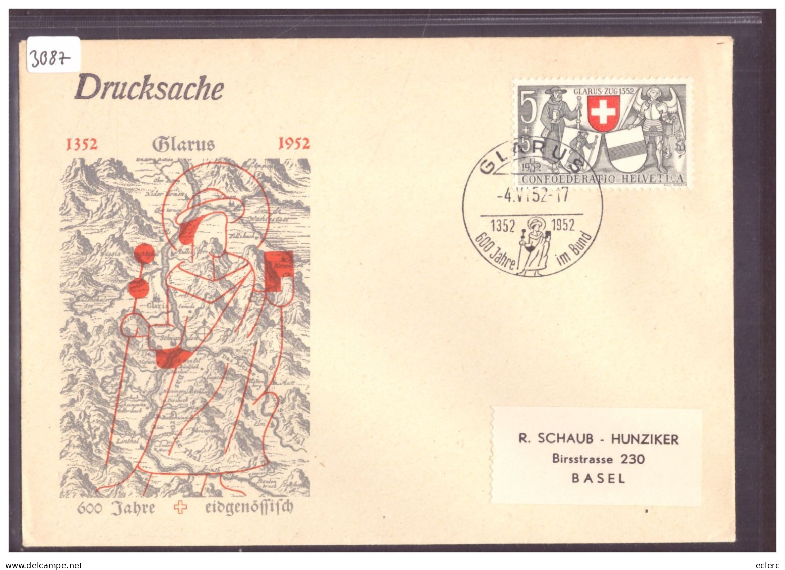 GLARUS - 600 JAHRE EIDGENOSSISCH 1952 - Postmark Collection