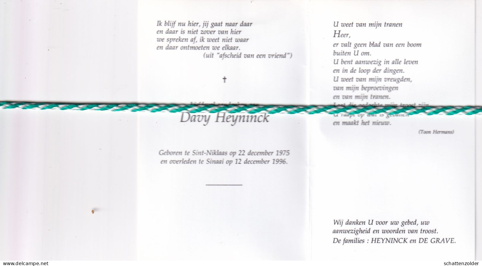 Davy Heyninck, Sint-Niklaas 1975, Sinaai 1996. Foto - Obituary Notices
