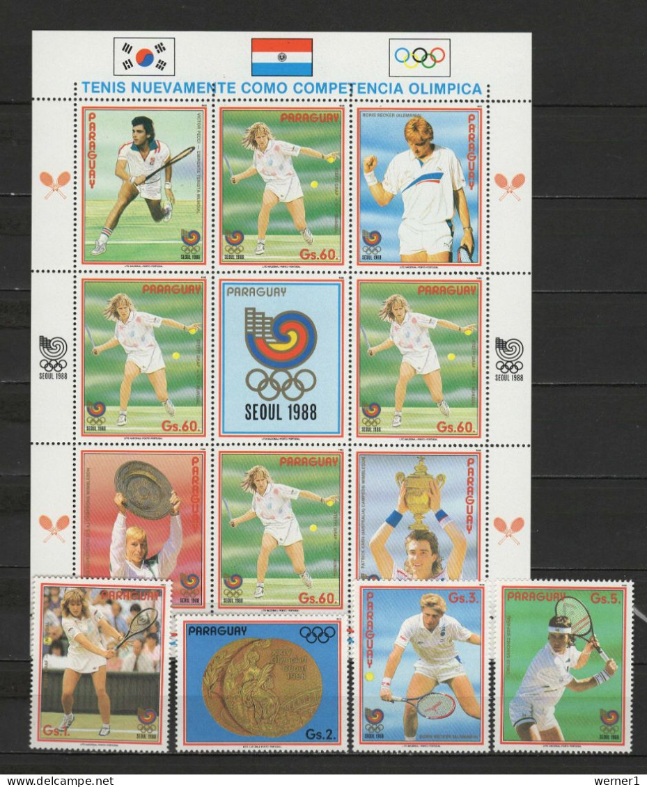 Paraguay 1988 Olympic Games Seoul, Tennis Sheetlet + 4 Stamps MNH - Ete 1988: Séoul