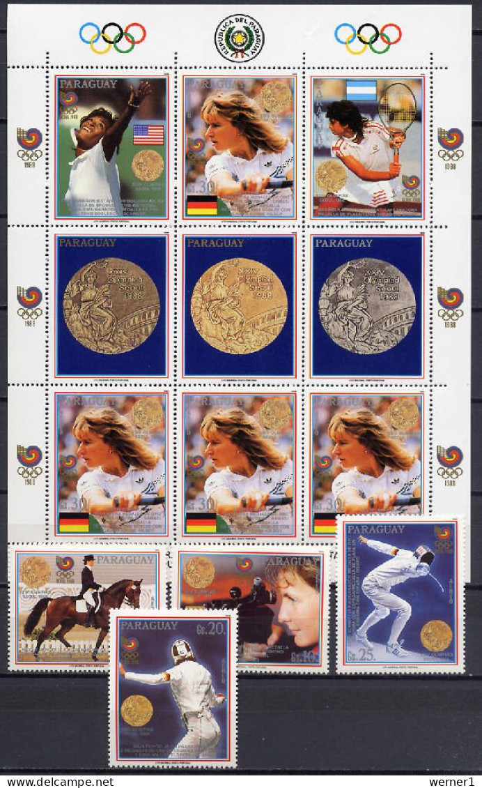 Paraguay 1989 Olympic Games Seoul, Tennis, Equestrian, Shooting, Fencing Sheetlet + 4 Stamps MNH - Summer 1988: Seoul