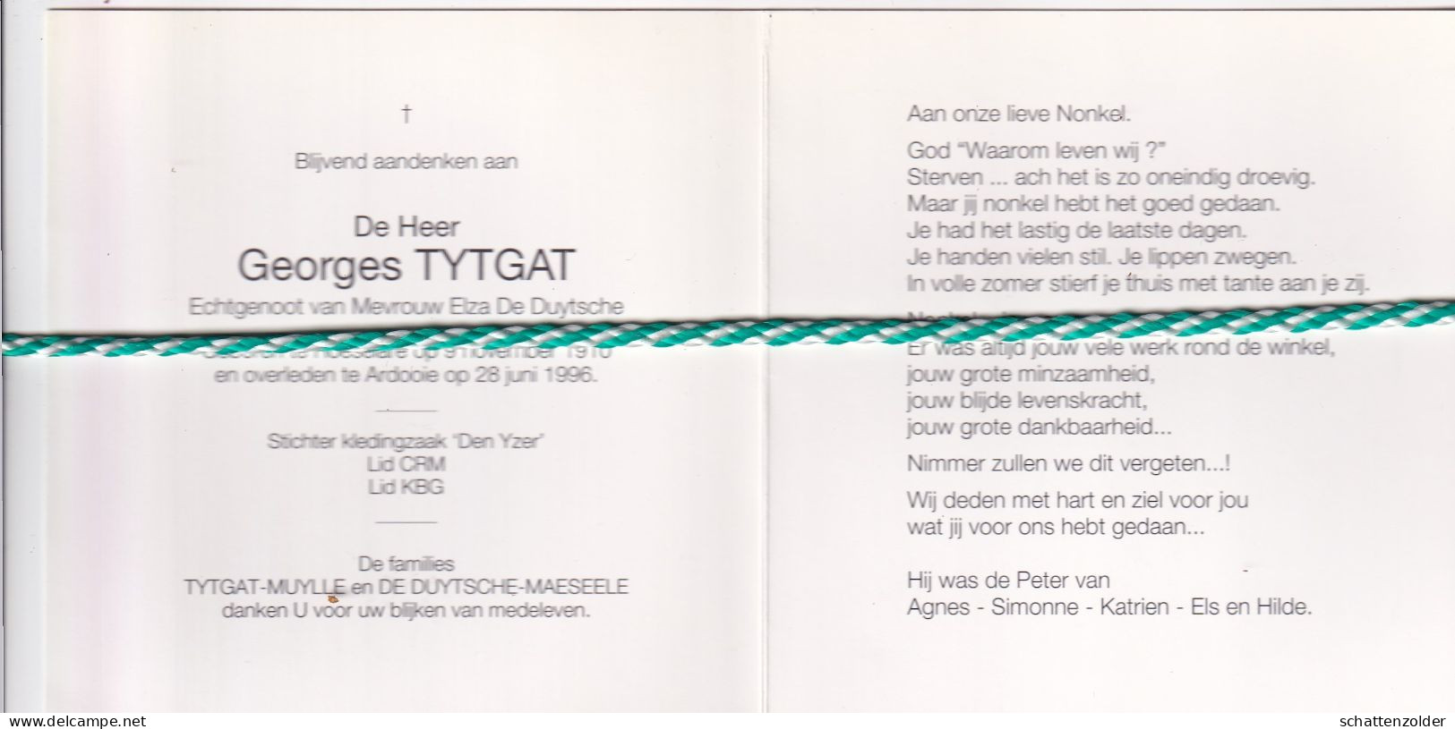 Georges Tytgat-De Duytsche, Roeselare 1910, Ardooie 1996. Stichter Kledingzaak "Den Yzer". Foto - Obituary Notices