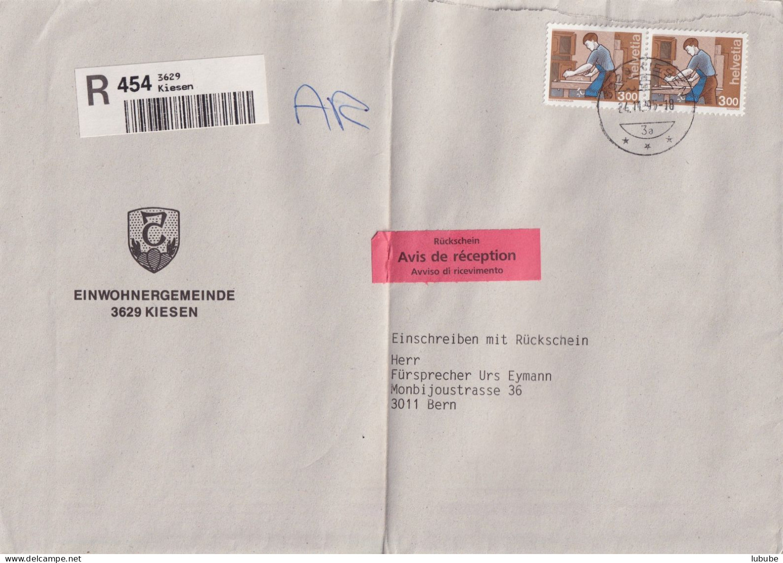 R Brief  "Einwohnergemeinde Kiesen" - Bern  (Avis De Réception)       1995 - Briefe U. Dokumente