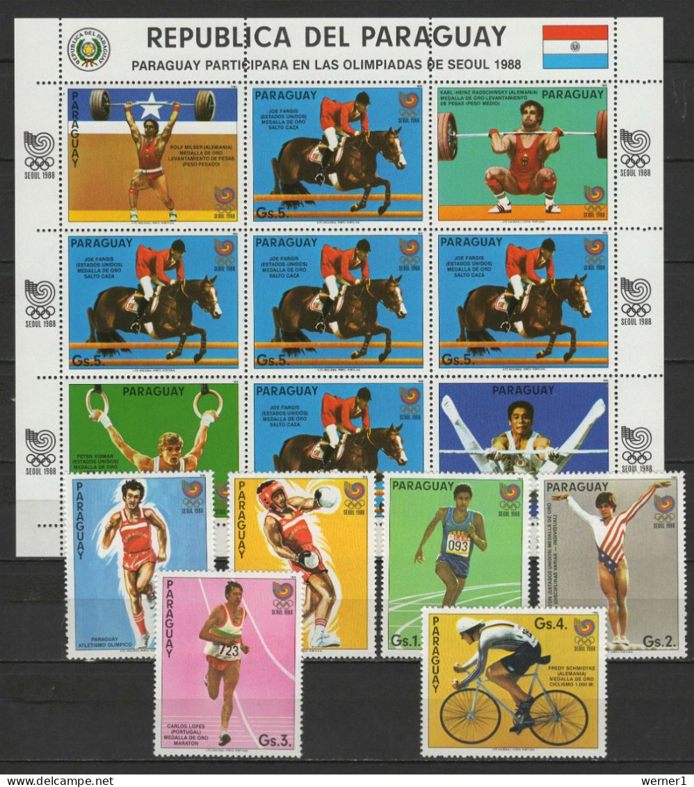 Paraguay 1986 Olympic Games Seoul, Equestrian, Boxing, Athletics, Cycling, Weightlifting Sheetlet + 6 Stamps MNH - Sommer 1988: Seoul