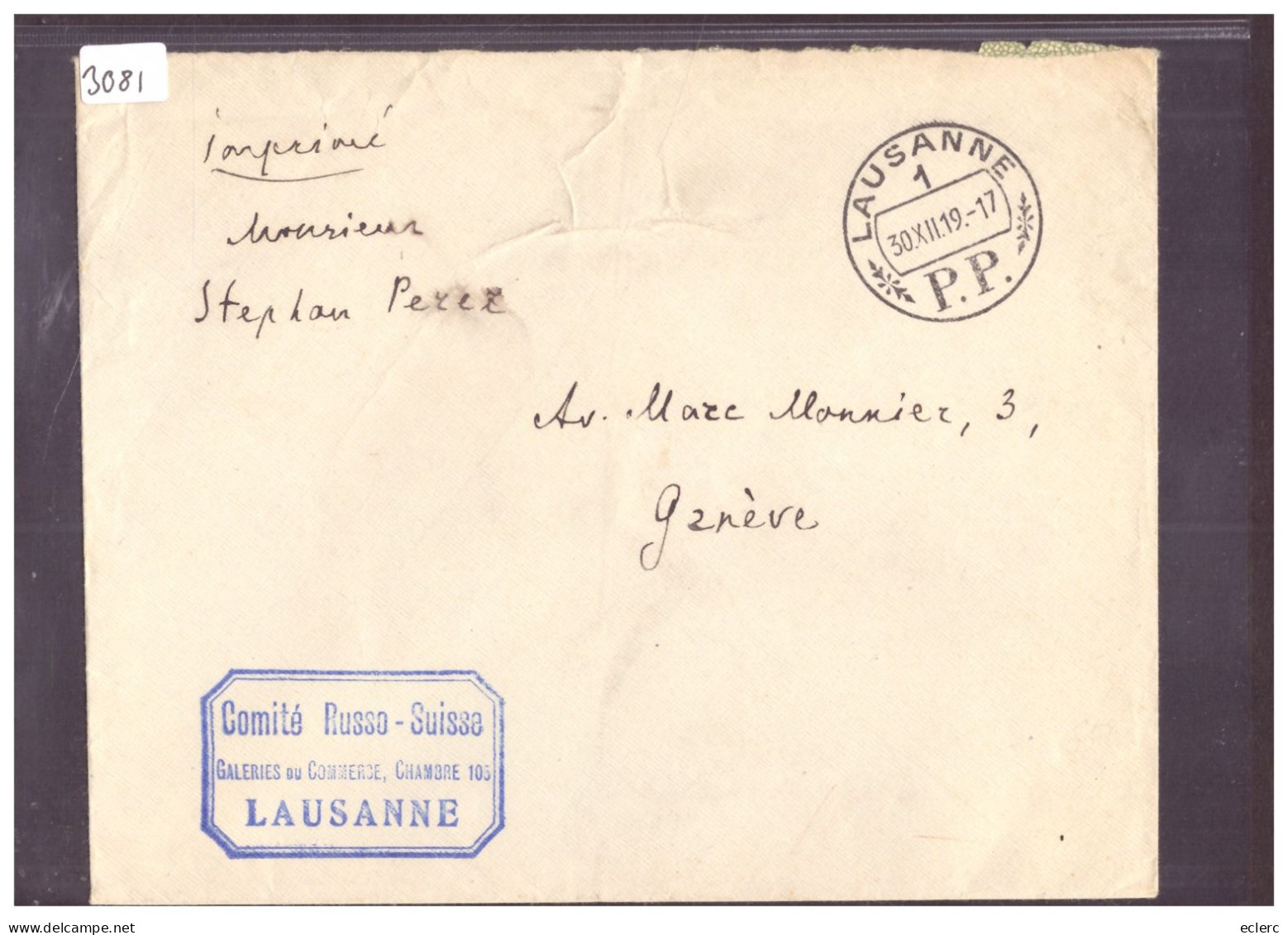 LAUSANNE - COMITE RUSSO-SUISSE 1919 - Marcofilia