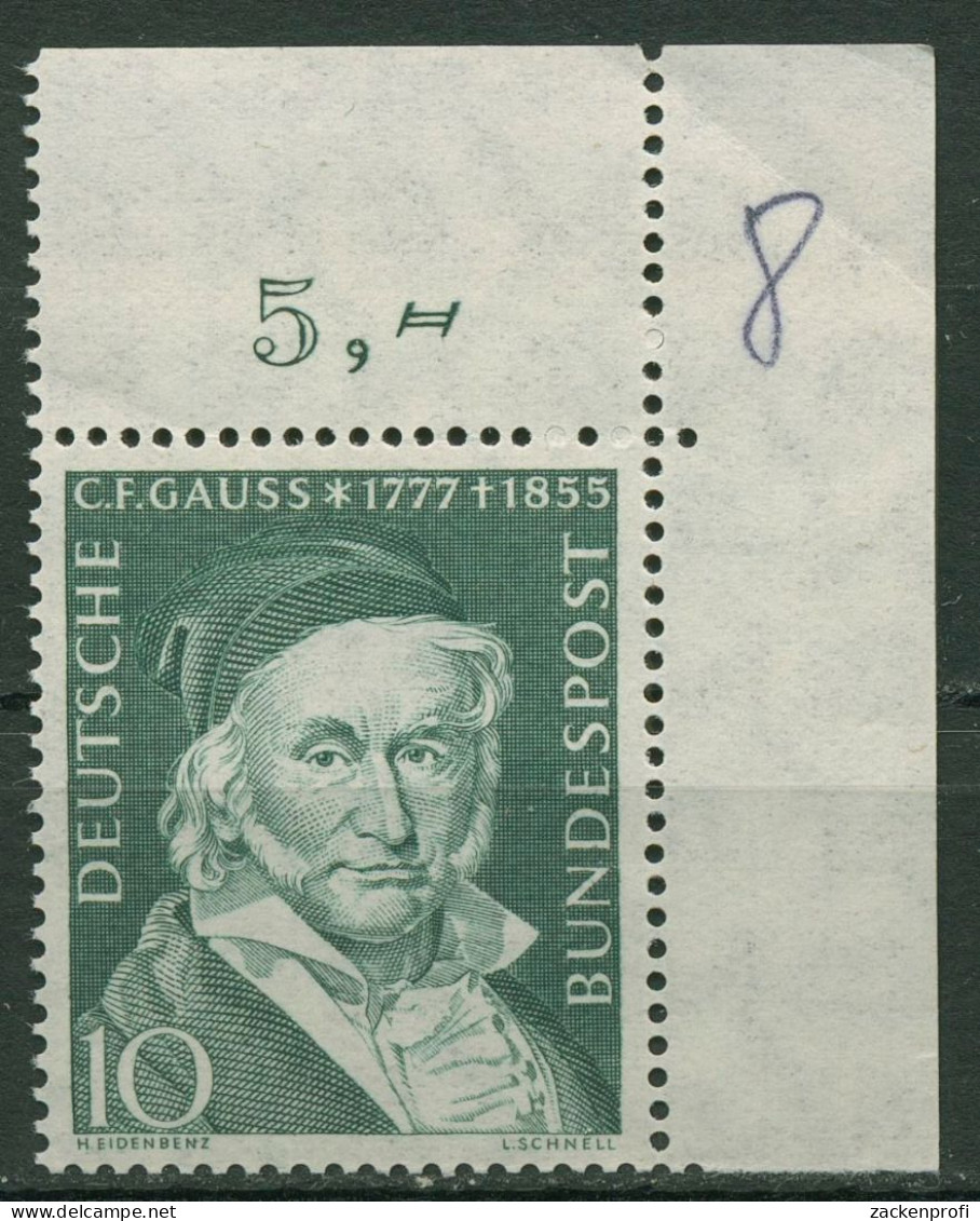 Bund 1955 Carl Friedrich Gauß 204 Ecke 2 Postfrisch, Rand Etwas Bügig - Unused Stamps