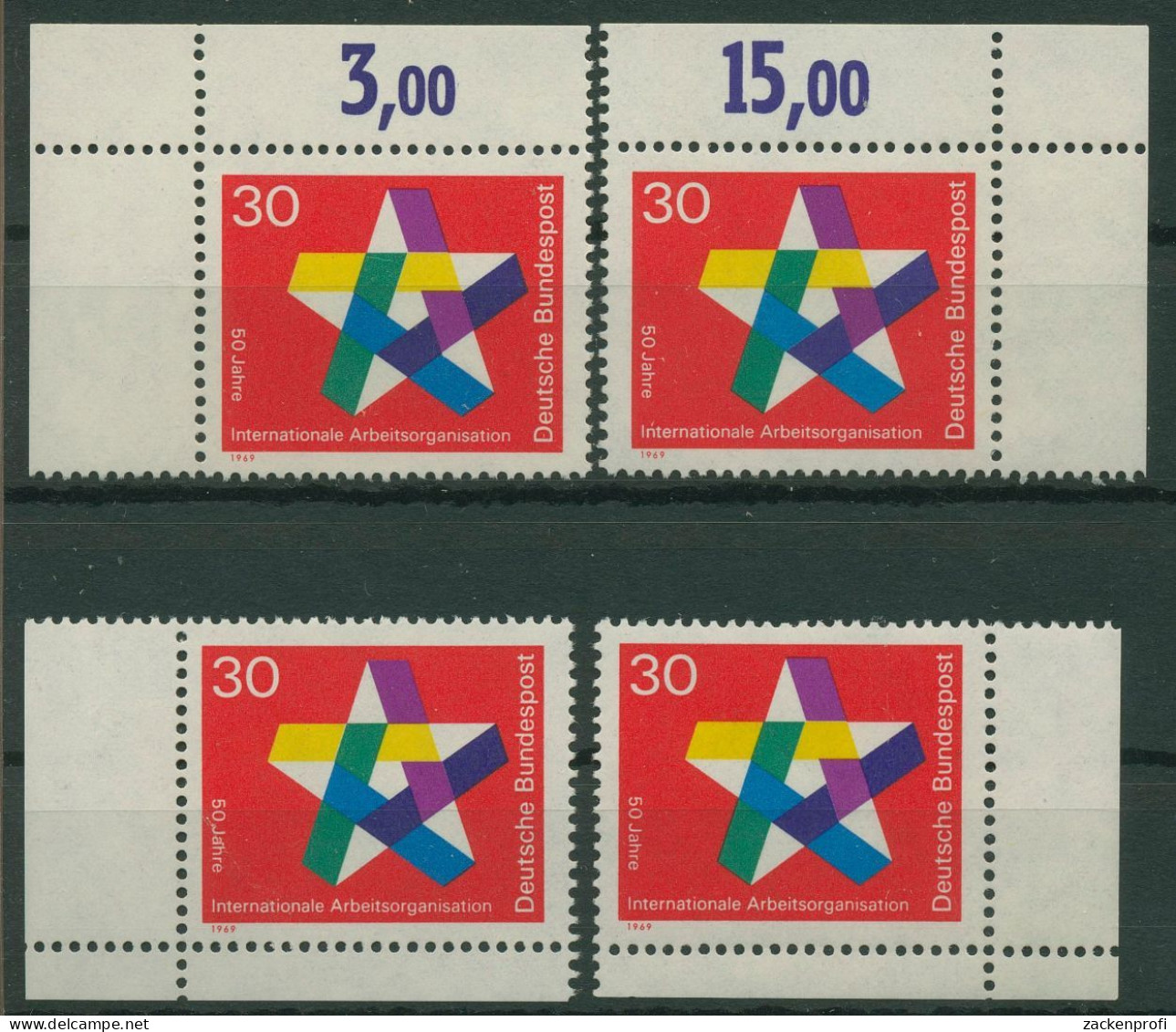 Bund 1969 50 J. Int. Arbeitsorganisation IOA 582 Alle 4 Ecken Postfrisch (E821) - Ungebraucht