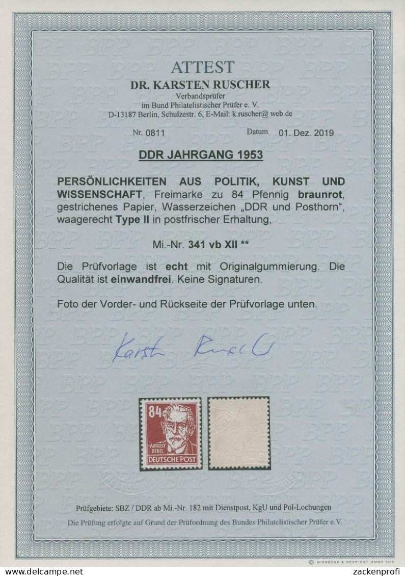 DDR 1952/53 Bebel (Köpfe II) 341 B X II Postfrisch Geprüft Mit Fotoattest - Ungebraucht