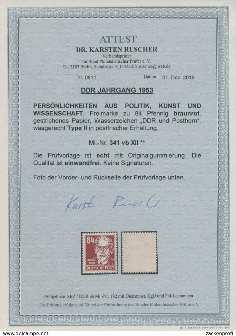 DDR 1952/53 Bebel (Köpfe II) 341 B X II Postfrisch Geprüft Mit Fotoattest - Neufs
