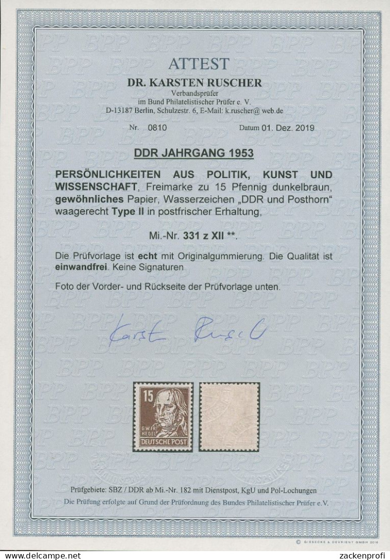 DDR 1952/53 Hegel (Köpfe II) 331 Z X II Postfrisch Geprüft Mit Fotoattest - Neufs