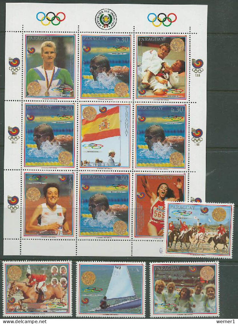 Paraguay 1989 Olympic Games Seoul, Swimming, Equestrian, Sailing Sheetlet + 4 Stamps MNH - Summer 1988: Seoul