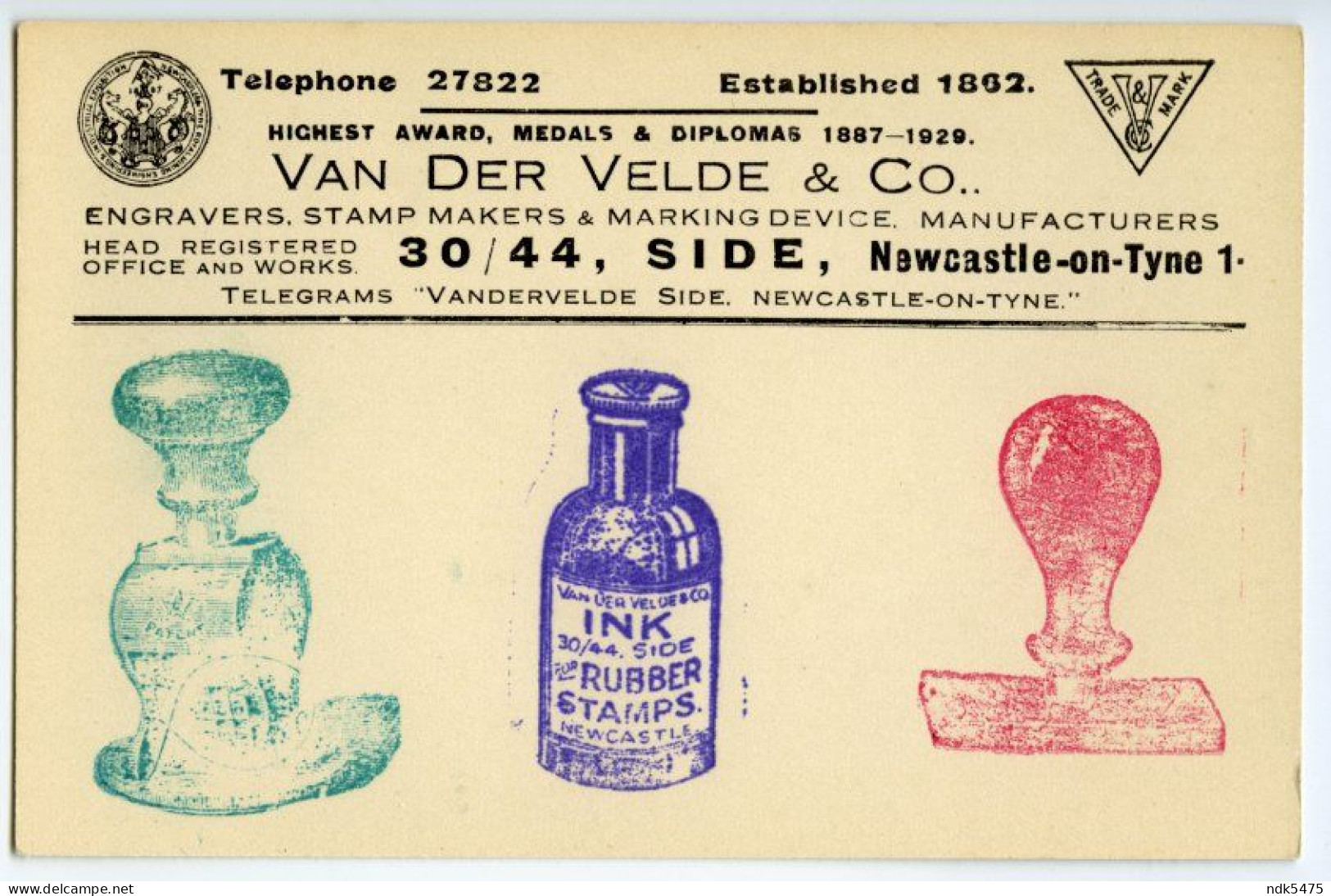 ADVERTISING : NEWCASTLE, SIDE - VAN DER VELDE - ENGRAVERS, STAMP MAKERS - Newcastle-upon-Tyne