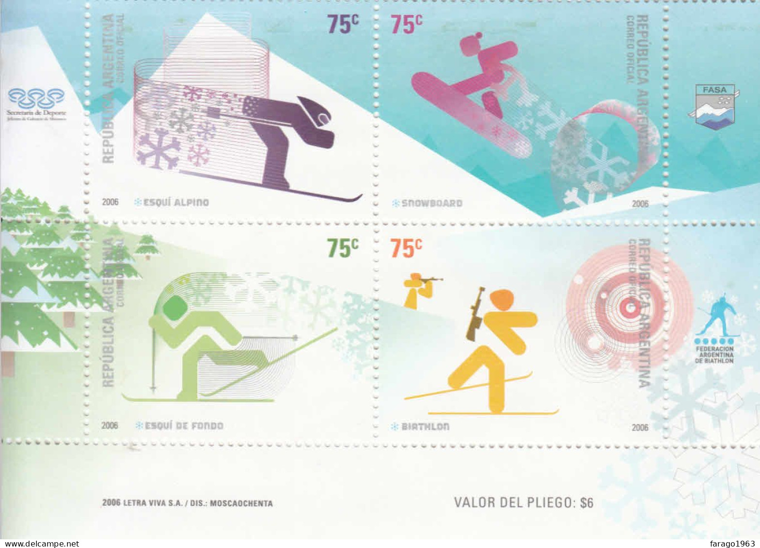2006 Argentina Winter Sports Skiing Complete Block Of 4 MNH - Nuevos