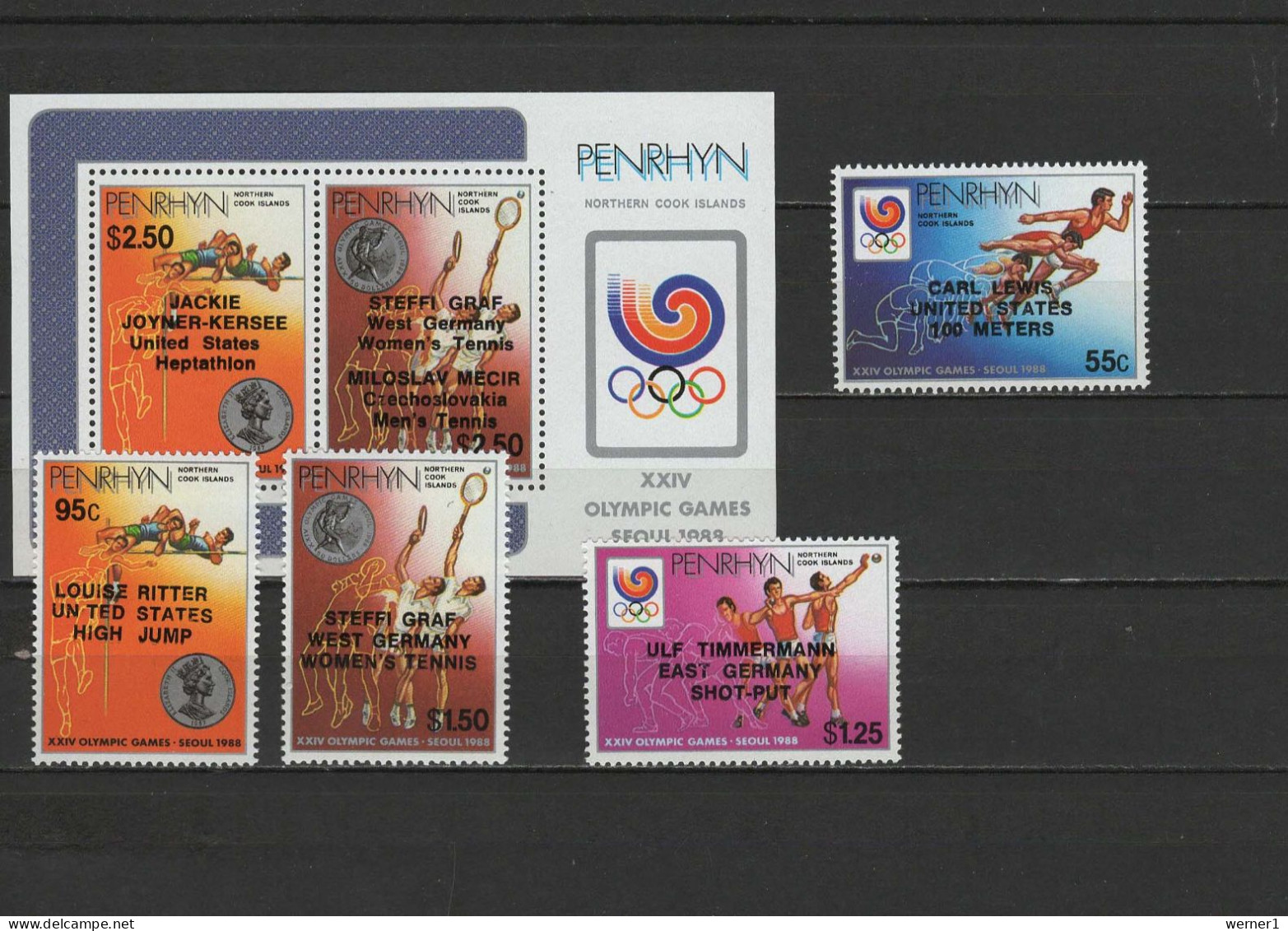Penrhyn 1988 Olympic Games Seoul, Athletics, Tennis Set Of 4 + S/s With Winners Overprint MNH - Sommer 1988: Seoul