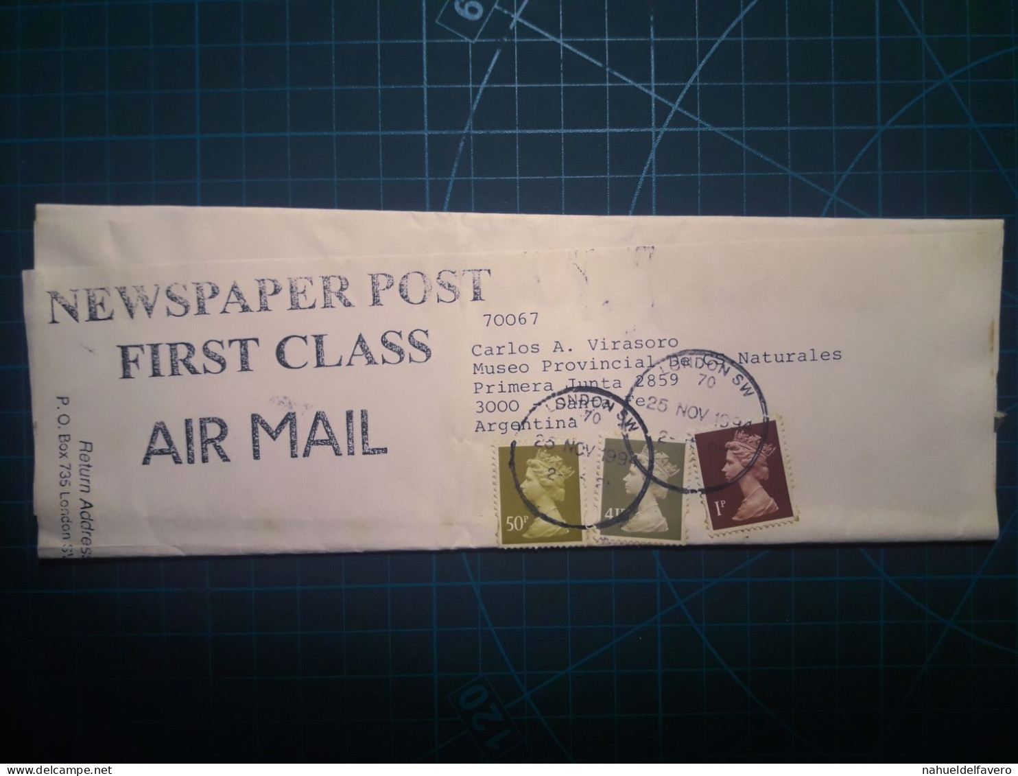 ANGLETERRE, Journal Post First Class, Air Mail, Circulée Au Musée Provincial Des Sciences Naturelles De La Province De S - Oblitérés