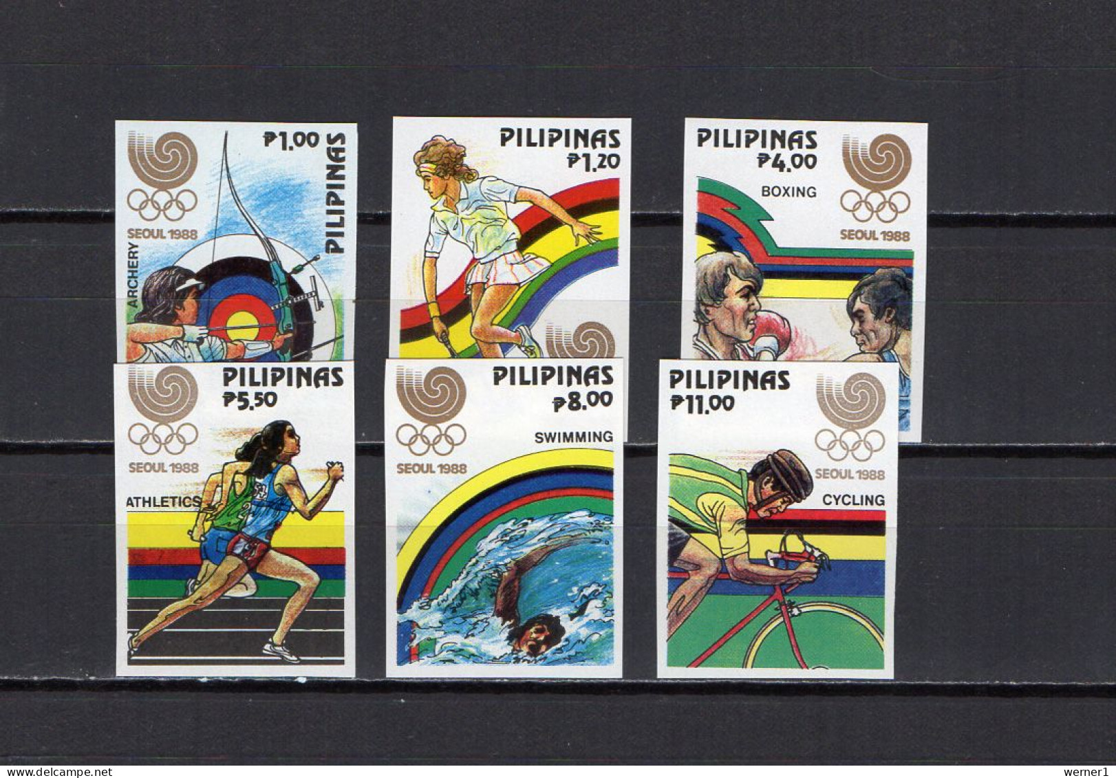 Philippines 1988 Olympic Games Seoul, Archery, Swimming, Tennis, Cycling Etc. Set Of 6 Imperf. MNH - Ete 1988: Séoul
