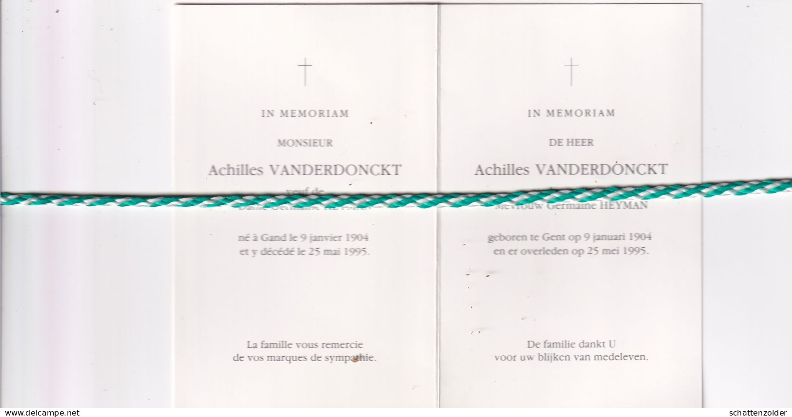 Achilles Vanderdonckt-Heyman, Gent 1904, 1995. - Todesanzeige