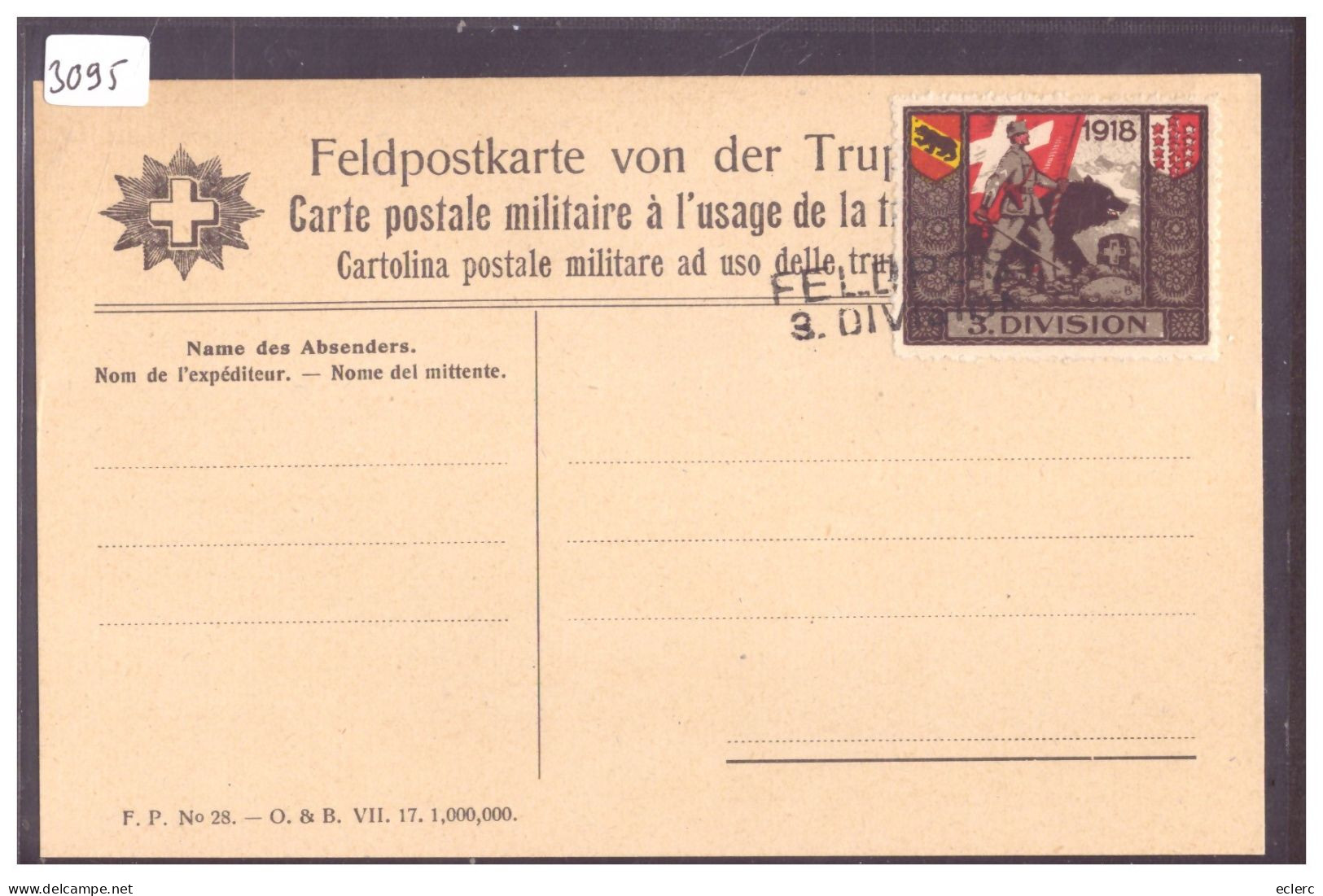 CARTE POSTALE MILITAIRE - TIMBRE 3. DIVISION 1918 - Cartas & Documentos