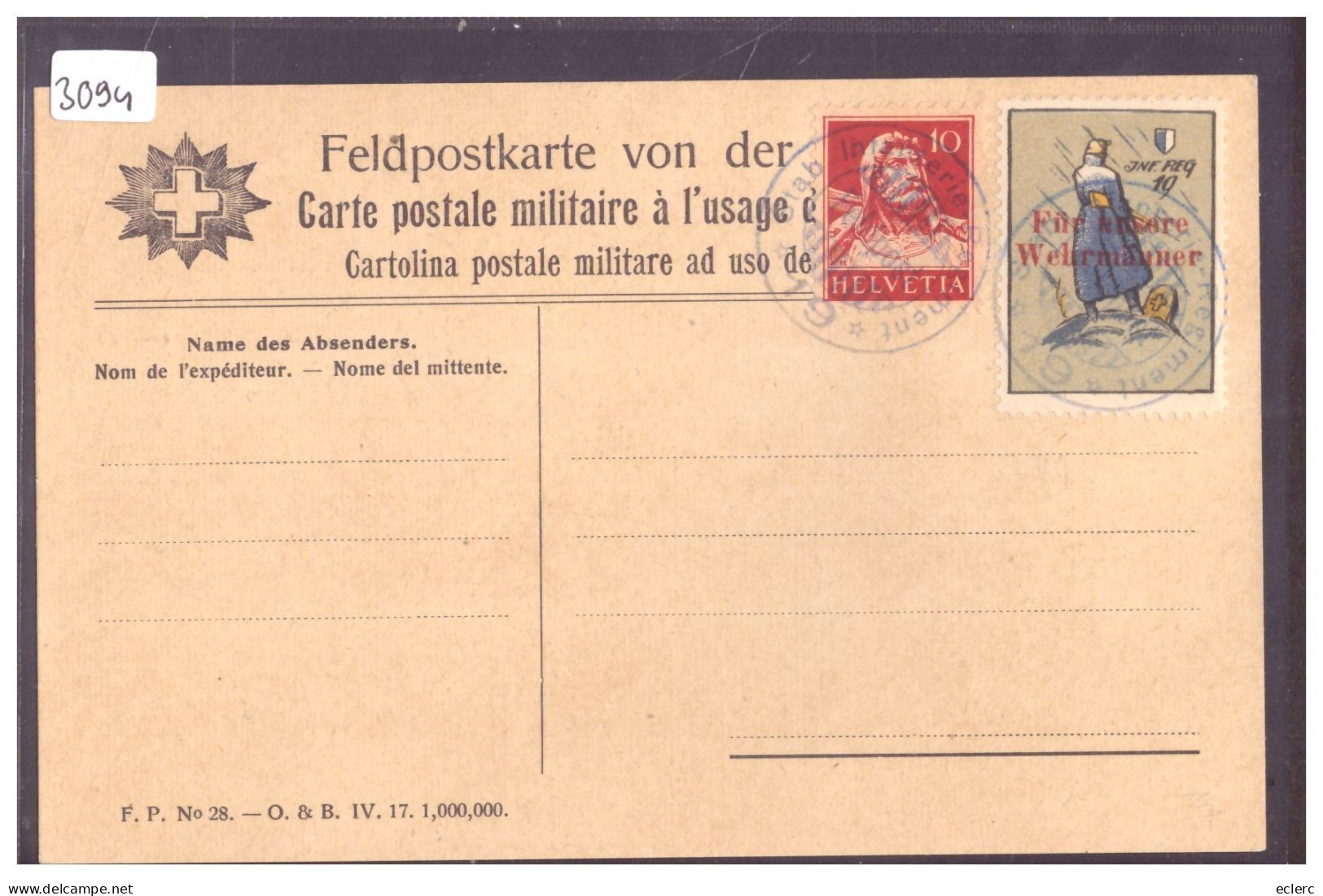 CARTE POSTALE MILITAIRE - TIMBRE INF. REG. 19 - Documents