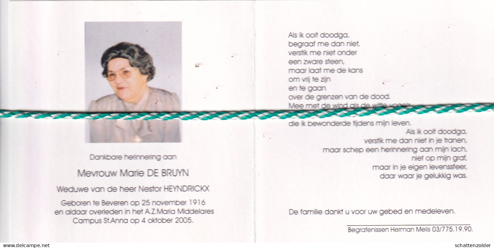 Marie De Bruyn-Heyndrickx, Beveren 1916, 2005. Foto - Décès