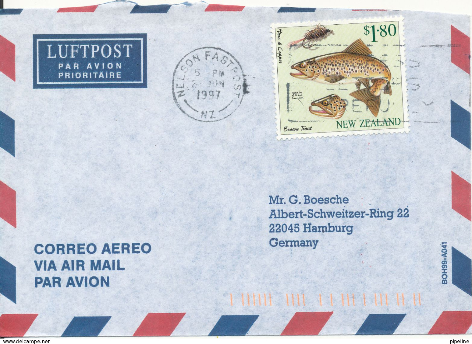 New Zealand Air Mail Cover Sent To Germany 1997 Single Franked - Luftpost