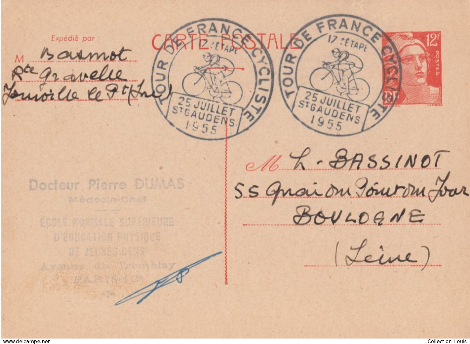 ENTIER POSTAL Type Marianne De Gandon Y&T N°885-CP1 12F Oblitéré Tour De France 1955 17ème étape - Cartoline Postali E Su Commissione Privata TSC (ante 1995)