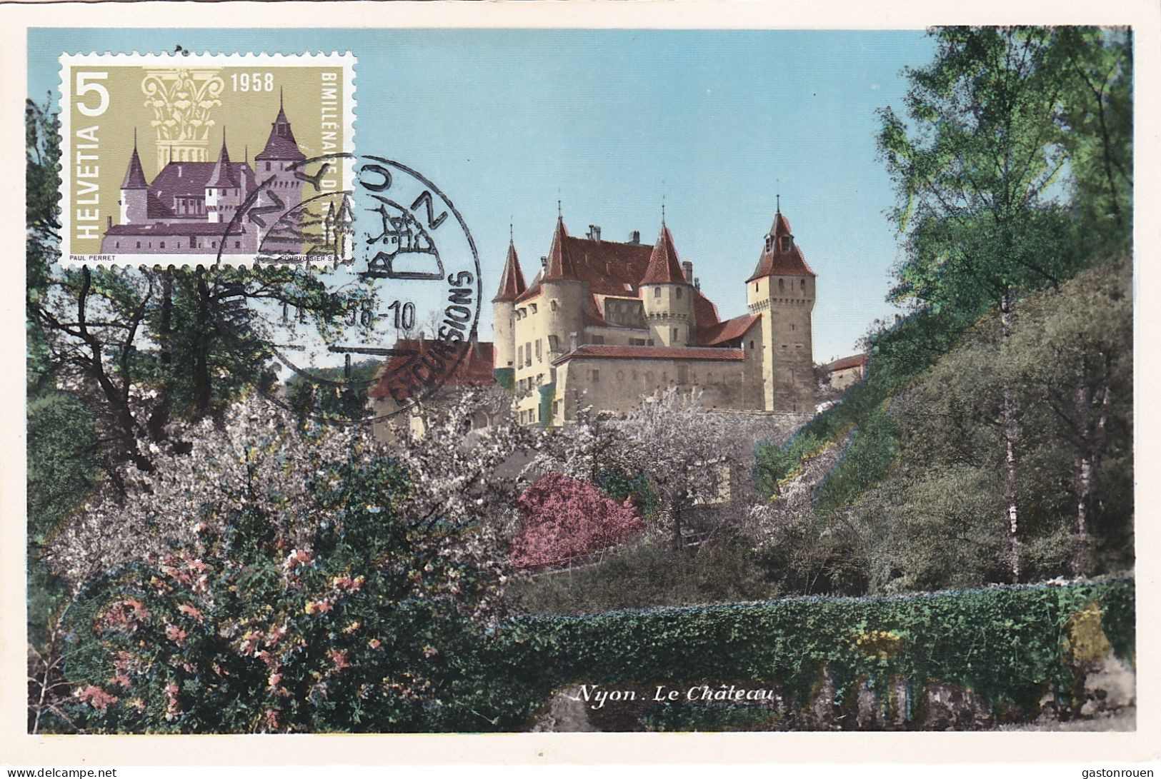 Carte Maximum Suisse Helvetia 1958 Nyon Chateau - Maximumkaarten