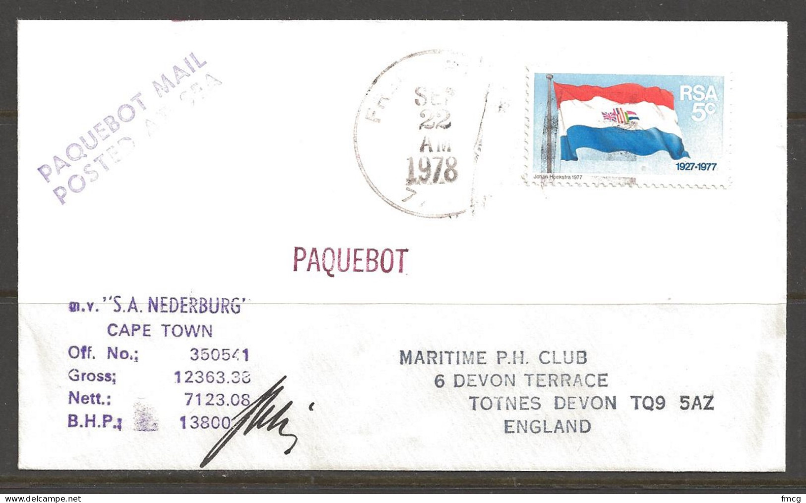 1978 Paquebot Cover South Africa Stamp Used In Freeport, Texas (Sep 22) - Covers & Documents