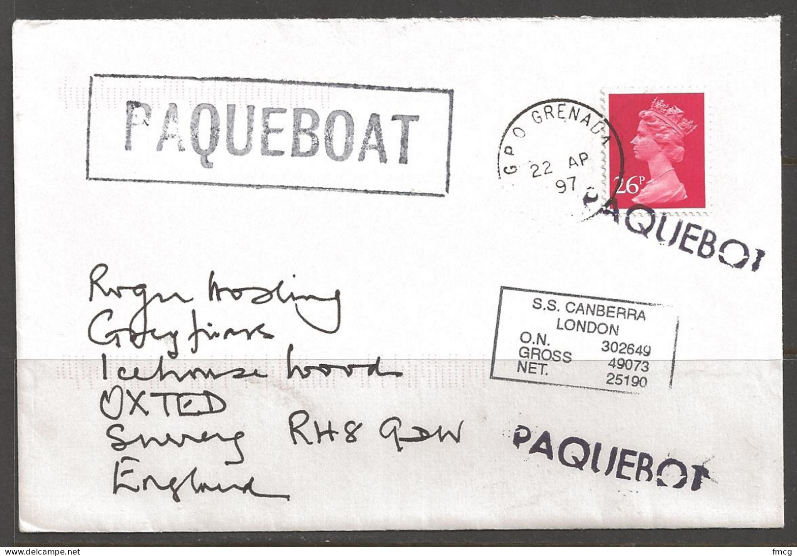 1997 Paquebot Cover, British Stamp Used In GPO Grenada - Grenade (1974-...)