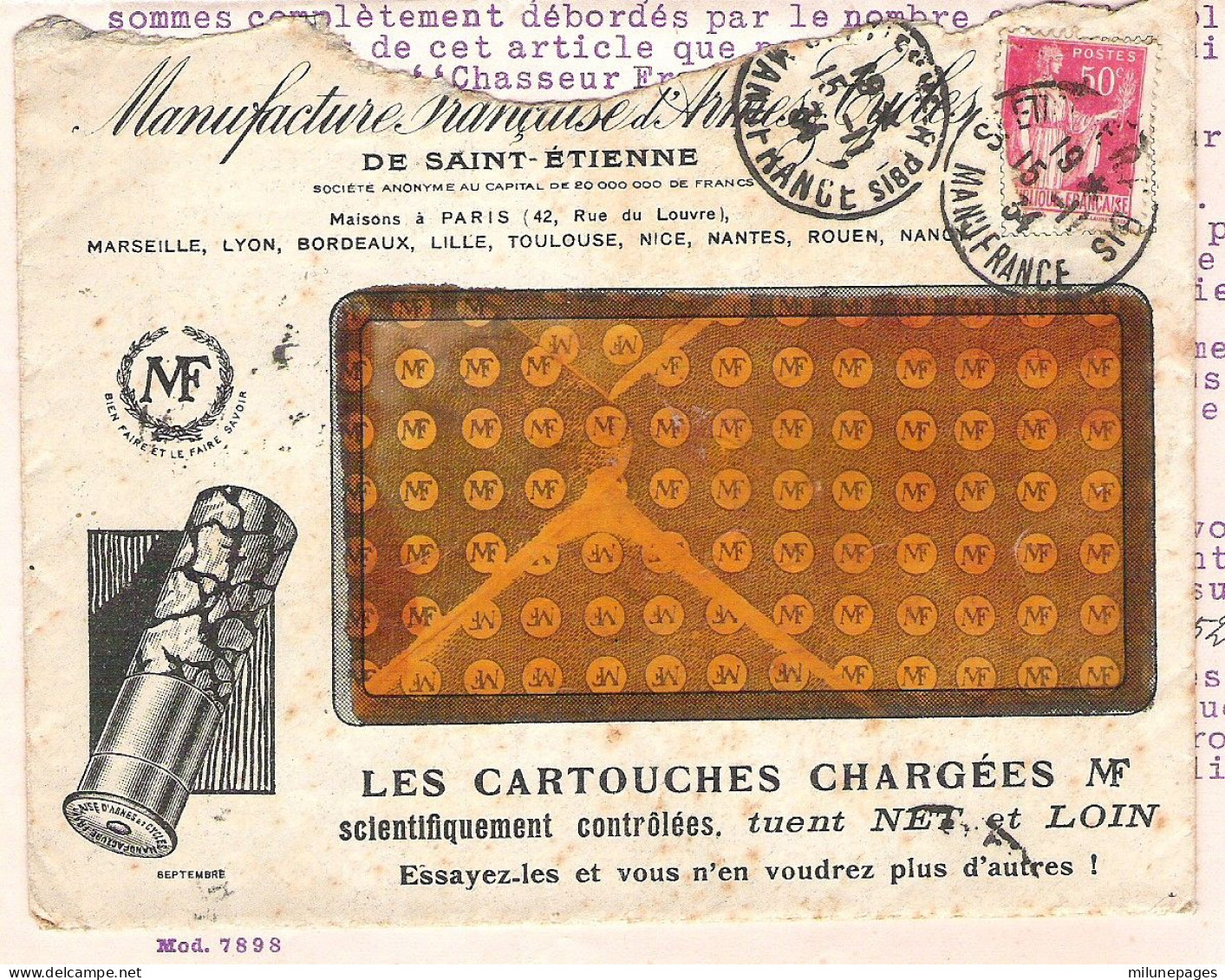 Enveloppe "à La Cartouche MF" Et Lettre En-tête Manufacture Française D'Armes Et Cycles St Etienne 1934 - Sport & Tourismus