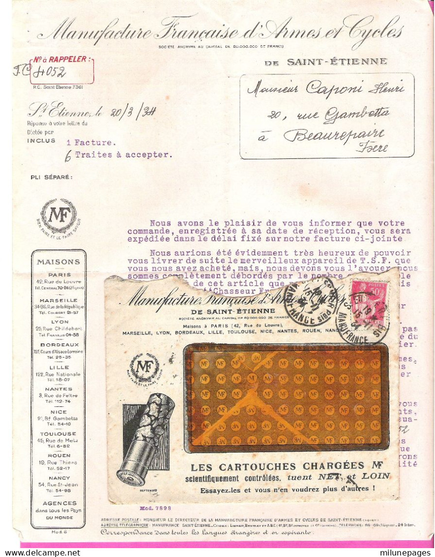 Enveloppe "à La Cartouche MF" Et Lettre En-tête Manufacture Française D'Armes Et Cycles St Etienne 1934 - Sports & Tourisme