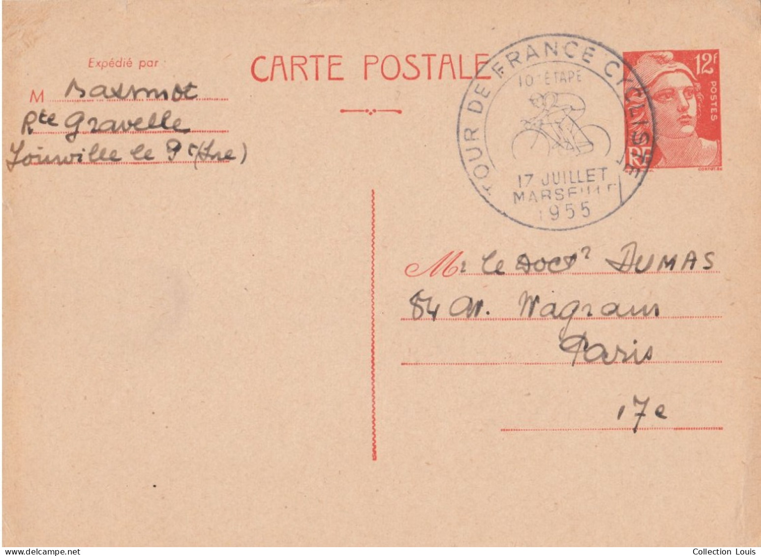 ENTIER POSTAL Type Marianne De Gandon Y&T N°885-CP1 12F Oblitéré Tour De France 1955 10ème étape - Standard Postcards & Stamped On Demand (before 1995)